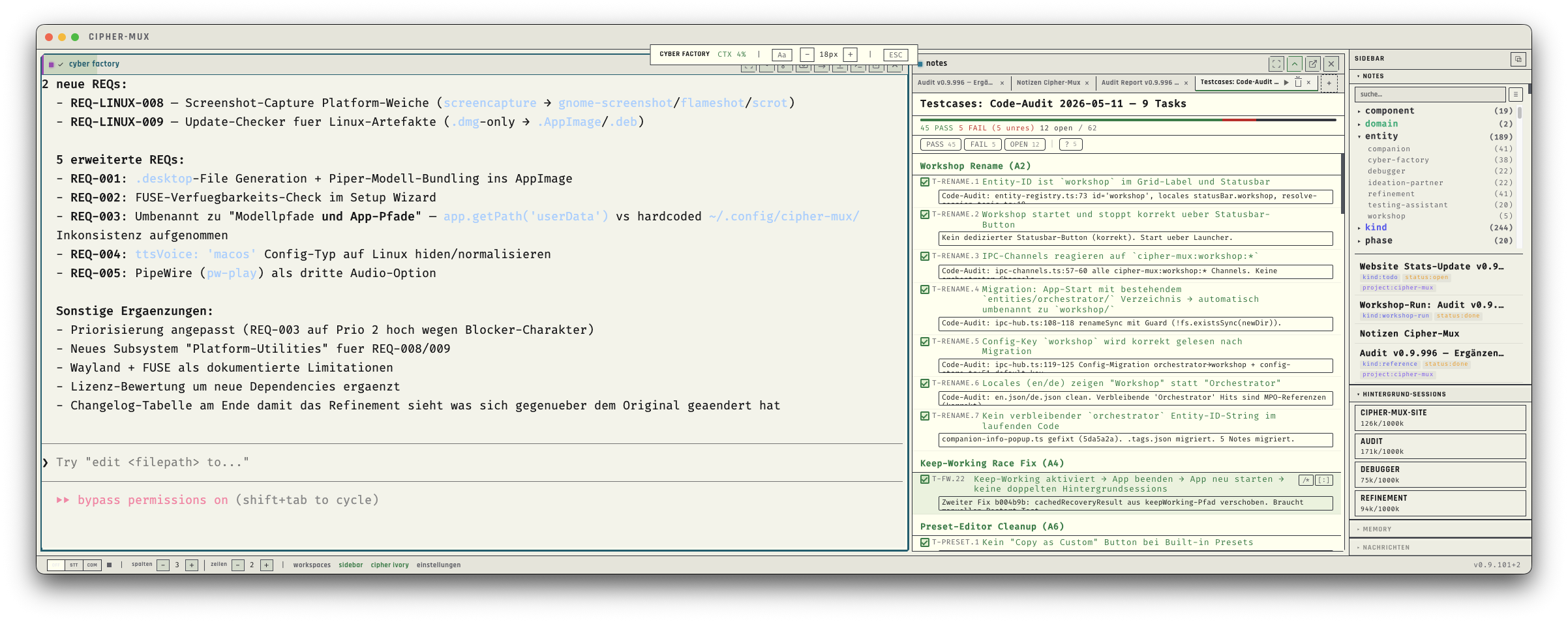 Session-Header — alle Elemente beschriftet